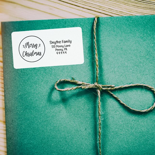 Elegant Round Merry Christmas Return Address Label (Round Merry Christmas | Black Return Address Label)