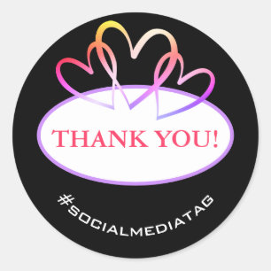 Elegant Round Rainbow Hearts Thank You Label Black