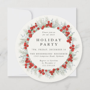 Elegant Round Red Berries Holiday Party Invitation