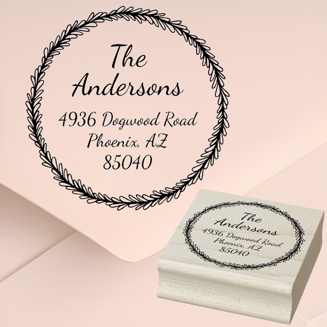 Elegant Round Return Address Wooden Stamp (Personalize Your Mailings with our Elegant Botanical Wreath Self-Inking Stamp! 🌿✉️)
