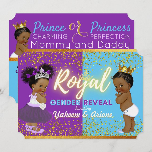 Elegant Royal African Gender Reveal Purple & Blue Invitation (Front/Back)