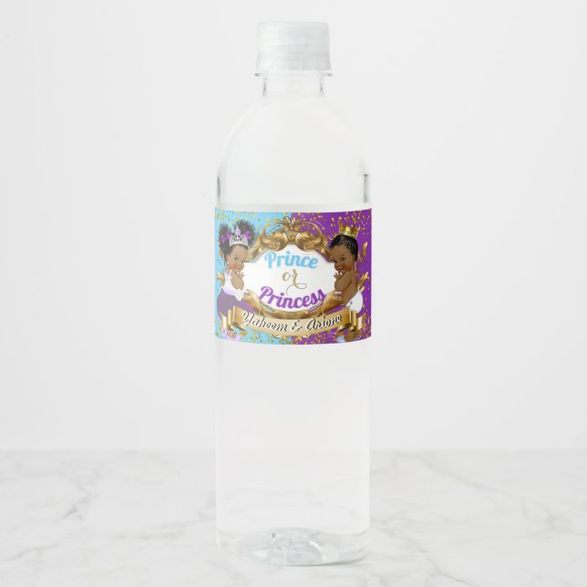 Elegant Royal African Gender Reveal Purple & Blue Water Bottle Label (Front)