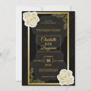 Elegant Royal Black Gold Rose Wedding Invitation