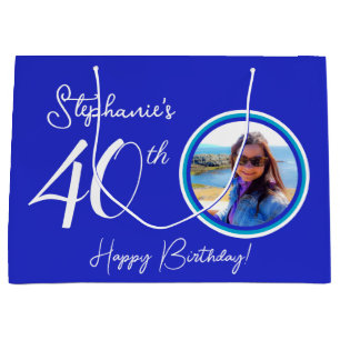 Elegant Royal Blue 40th Birthday Photo Large Gift Bag
