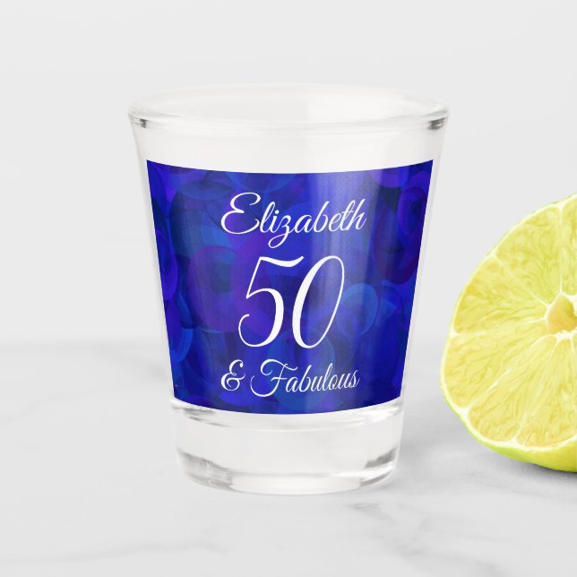Elegant Royal Blue 50 and Fabulous Birthday Party Shot Glass (Front)