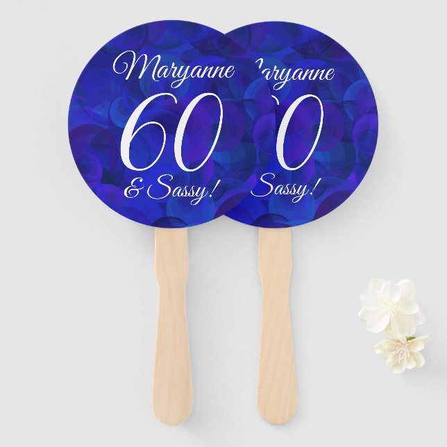 Elegant Royal Blue 60 and Sassy Birthday Party Hand Fan (Front and Back)