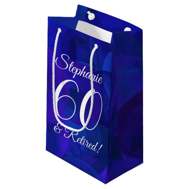 Elegant Royal Blue 60 & Retired Retirement Party Small Gift Bag (Front Angled)