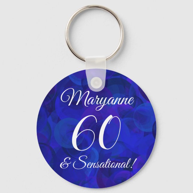 Elegant Royal Blue 60 & Sensational Birthday Party Key Ring (Front)