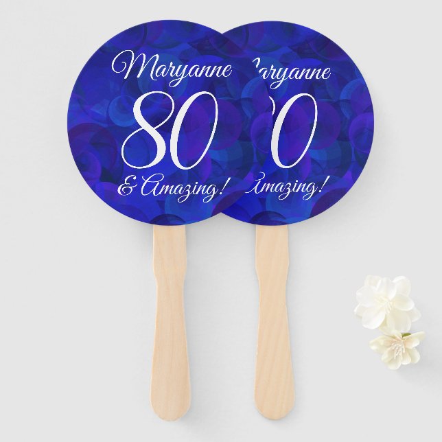 Elegant Royal Blue 80 and Amazing Birthday Party Hand Fan (Front and Back)