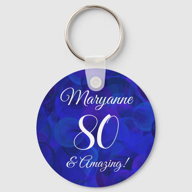 Elegant Royal Blue 80 and Amazing Birthday Party Key Ring (Front)