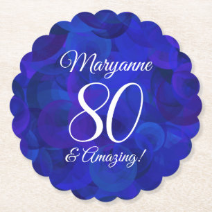 Elegant Royal Blue 80 and Amazing Birthday Party Paper Coaster