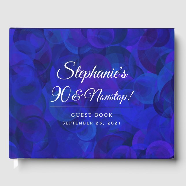 Elegant Royal Blue 90 and Nonstop Birthday Party Guest Book (Front)