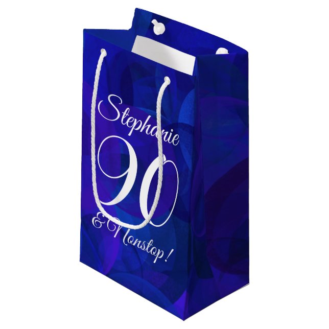 Elegant Royal Blue 90 and Nonstop Birthday Party Small Gift Bag (Front Angled)