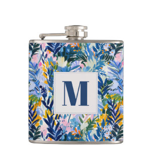Elegant Royal Blue Abstract Botanical Monogrammed  Hip Flask