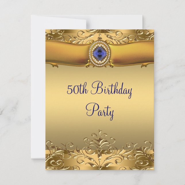 Elegant Royal Blue and Gold 50th Birthday Party Invitation (Front)