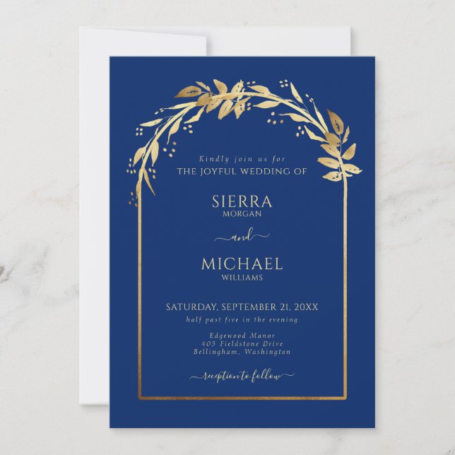 Elegant Royal Blue and Gold Foliage Wedding Arch Invitation (Front)