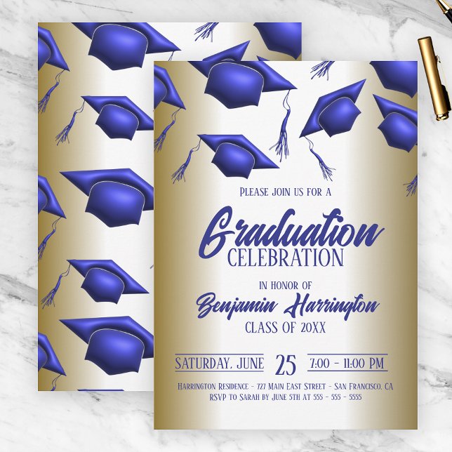 Elegant Royal Blue and Gold Graduation Celebration Invitation (Creator Uploaded)