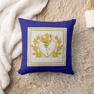 Elegant Royal Blue and Gold Heraldic Crane Crest Cushion