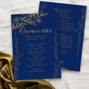 Elegant Royal Blue and Gold Leaf Quinceanera Programme