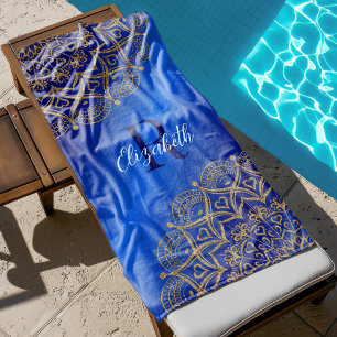 Elegant Royal Blue and Gold Mandala Monogrammed Beach Towel