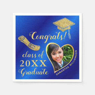 Elegant Royal Blue and Gold Photo 2023 Graduation Napkin