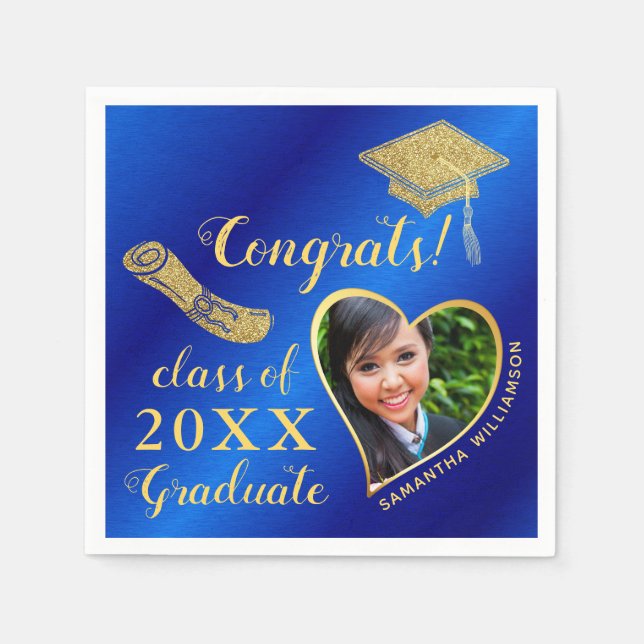 Elegant Royal Blue and Gold Photo 2025 Graduation Napkin (Front)