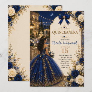 Elegant Royal Blue and Gold Quince Invitation