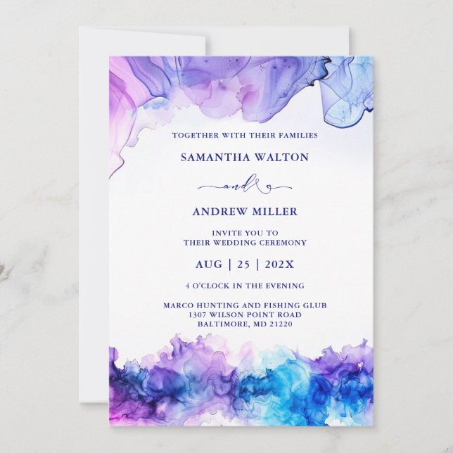 Elegant Royal Blue and Purple Wedding Invitation (Front)