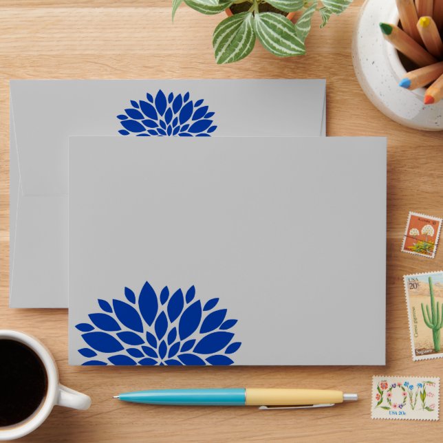 Elegant Royal Blue and Silver Grey Floral Burst Envelope (Desk)