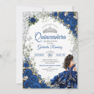 Elegant Royal Blue and Silver Roses Quinceañera  Invitation