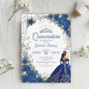Elegant Royal Blue and Silver Roses Quinceañera  Invitation