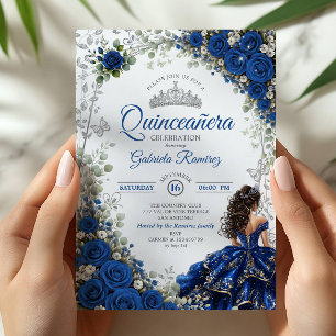 Elegant Royal Blue and Silver Roses Quinceañera Invitation