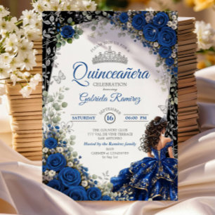 Elegant Royal Blue and Silver Roses Quinceañera  Invitation