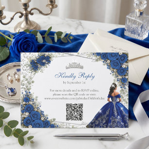 Elegant Royal Blue and Silver Roses Quinceañera RSVP Card
