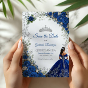 Elegant Royal Blue and Silver Roses Quinceañera Save The Date