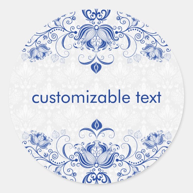 Elegant Royal Blue And White Damasks & Swirls 2 Classic Round Sticker (Front)