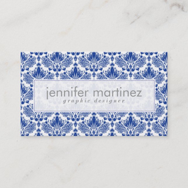 Elegant Royal Blue And White Damasks & Swirls Business Card (Front)