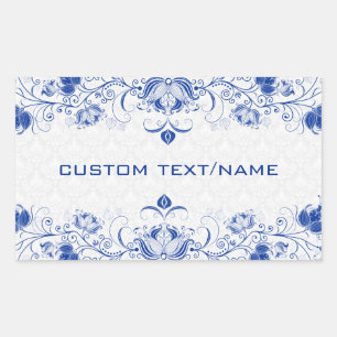 Elegant Royal Blue And White Damasks & Swirls Rectangular Sticker