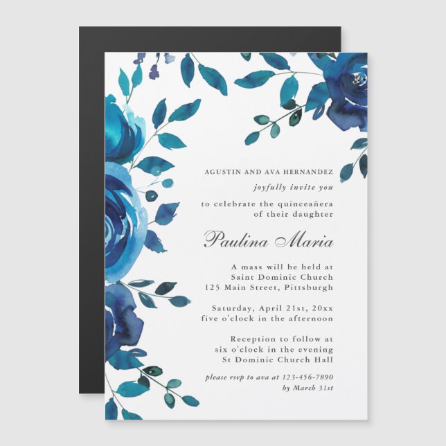 Elegant Royal Blue and White Floral Quinceañera Magnetic Invitation (Front/Back)