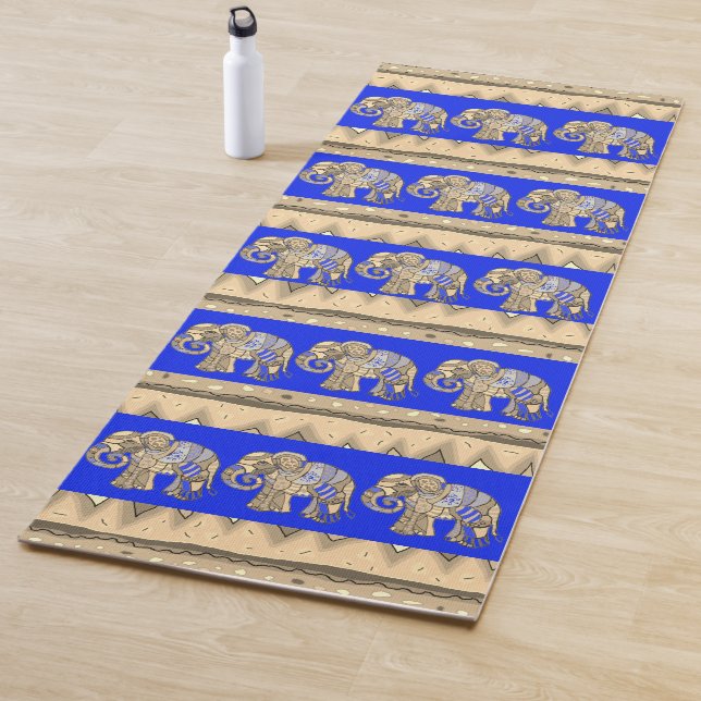 Elegant Royal Blue Batik Tribal Indian Elephants Yoga Mat (In Situ)