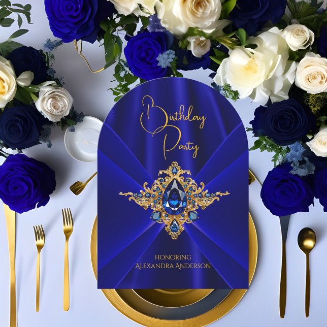 Elegant Royal Blue Birthday Gold Jewel Faux Silk Invitation (Creator Uploaded)