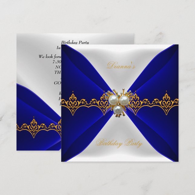 Elegant Royal Blue Birthday Gold Jewel White Silk Invitation (Front/Back)