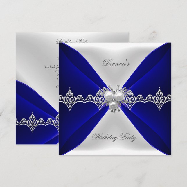 Elegant Royal Blue Birthday Jewel White Silk Invitation (Front/Back)