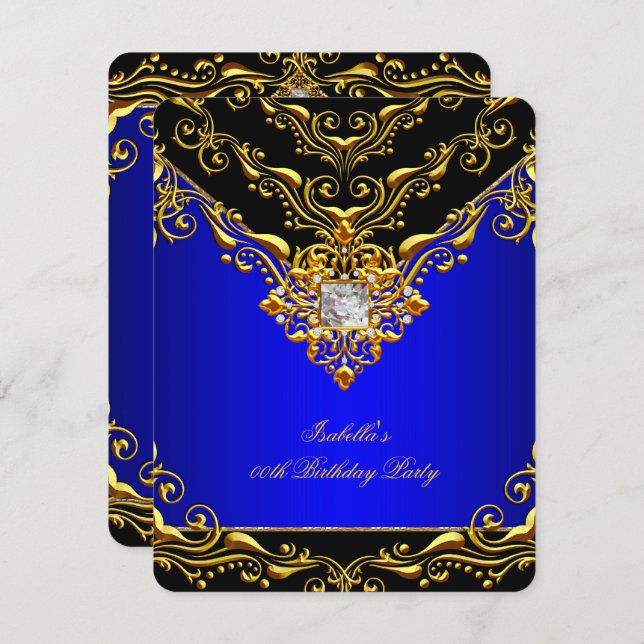 Elegant Royal Blue Black on Gold Birthday Party Invitation (Front/Back)