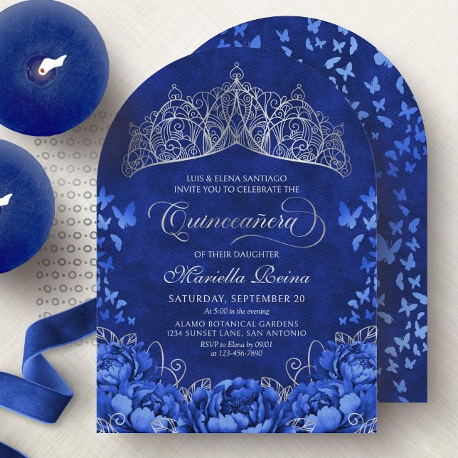 Elegant Royal Blue Butterflies Crown Quinceanera Invitation (Creator Uploaded)