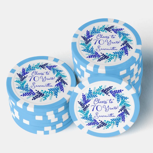 Elegant Royal Blue Cheers to 70 Years Birthday Poker Chips (Stack)