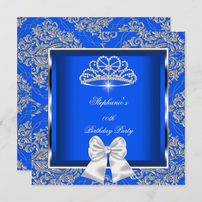 Elegant Royal Blue Damask Silver Birthday Party Invitation (Front/Back)