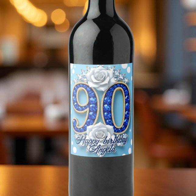 Elegant Royal Blue Diamond 90th Birthday Wine Label (Creator Uploaded)