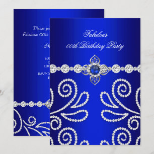 Elegant Royal Blue Diamond Pearl Birthday Party 2 Invitation
