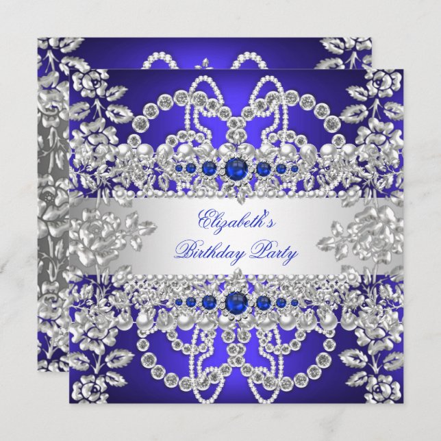 Elegant Royal Blue Diamonds Silver Floral Birthday Invitation (Front/Back)
